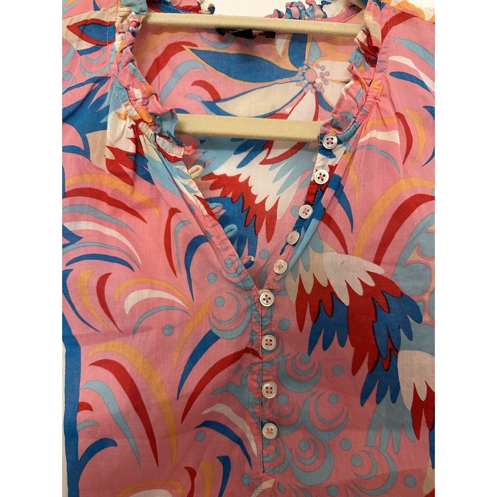Talbots Pink Blue Floral Ruffle Button Front Sleeveless V-Neck Blouse Petite MP - Picture 2 of 3